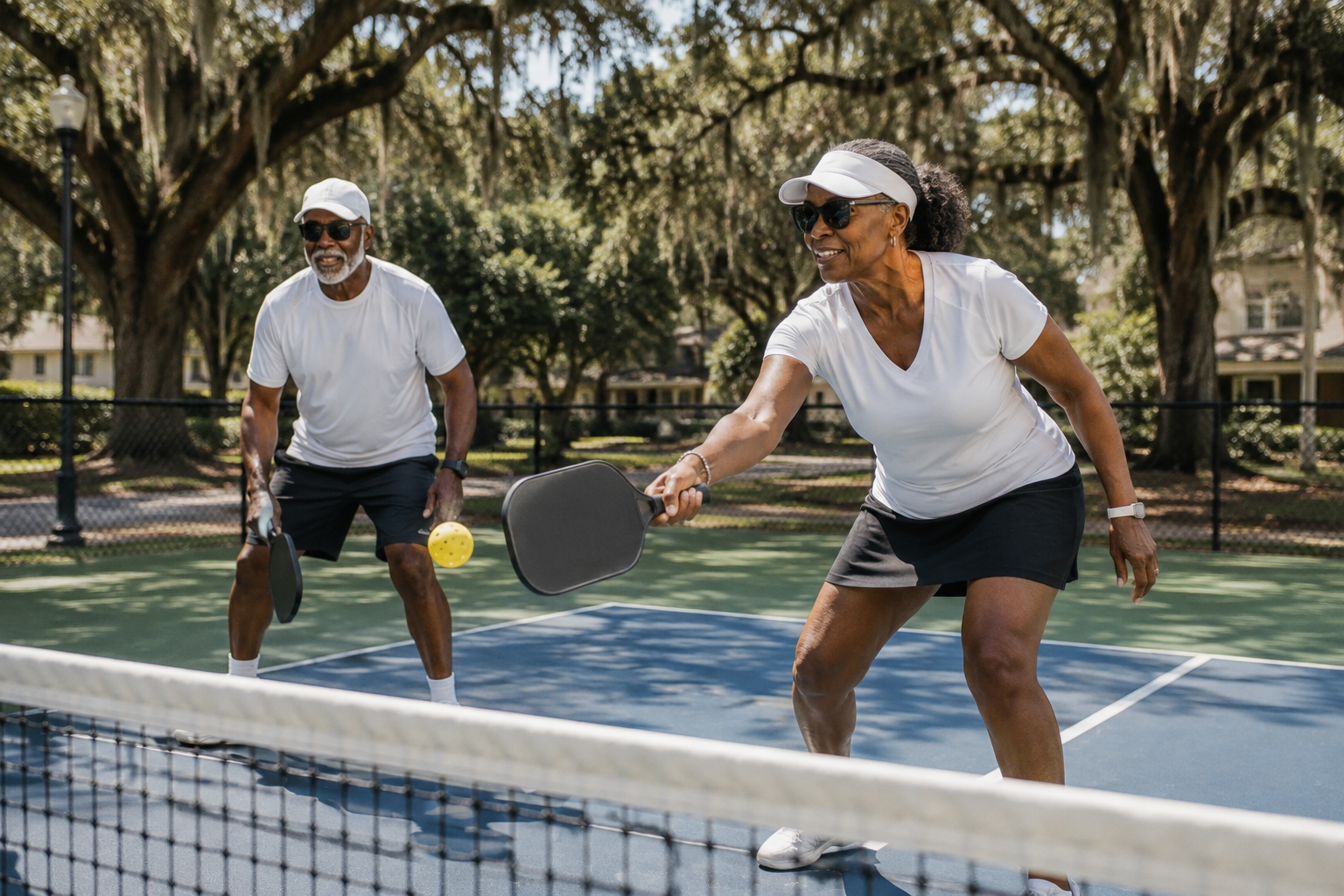 Two active retirees playing pickleball outdoors on a bright day